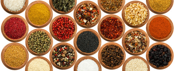 The texture of spices. Seasoning panel. View from above. Seasoning in cups.
