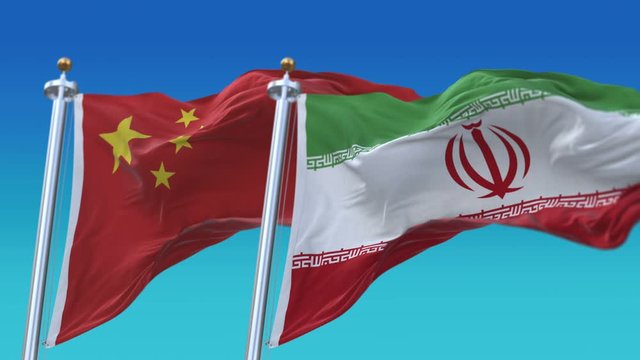 4k Seamless Iran and China Flags with blue sky background;A fully digital rendering;The animation loops at 20 seconds;IRI IR CHN CN.