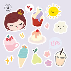 Set of cute dessert, fun fruit stickers  ,colorful badges design vector.