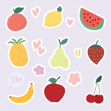 Set of cute dessert, fun fruit stickers  ,colorful badges design vector.