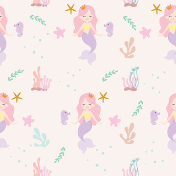 Cute mermaid seamless pattern background vector.