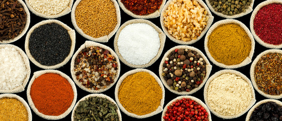 The texture of spices. Seasoning panel. View from above. Seasoning in the bag.