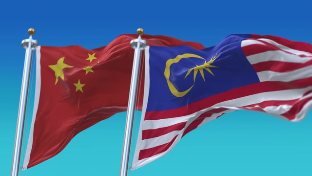 4k Seamless Malaysia and China Flags with blue sky background;A fully digital rendering;The animation loops at 20 seconds;MGL MY CN CHN.