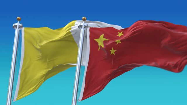 4k Seamless Vatican and China Flags with blue sky background;A fully digital rendering;The animation loops at 20 seconds;VAT CHN CN.