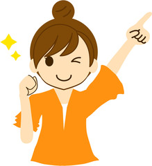 片手を握り斜め上を指さしてウィンクをしている笑顔の女性