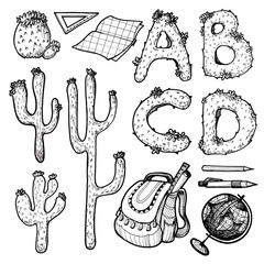 Hand-painted mexican school set with letters, cactus, backpack and school supplies