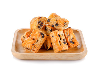 Chocolate chip stick In a wooden plate on white background
