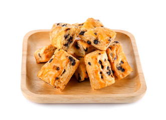 Chocolate chip stick In a wooden plate on white background