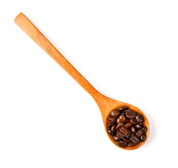 coffee bean isolated in wood spoon on white background