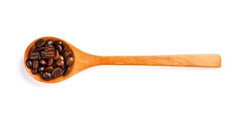 coffee bean isolated in wood spoon on white background
