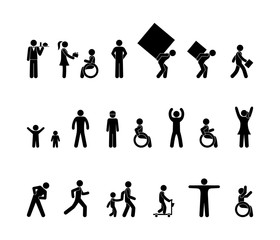icons of people in various situations, stick figure man, pictogram human silhouettes