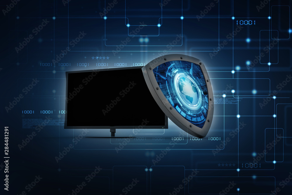 Poster 3d rendering laptop with shield