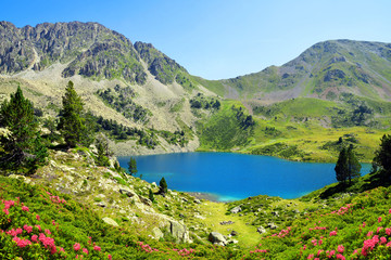 Beautiful mountain landscape with lake in Neouvielle national nature reserve, Lac Superieur de Bastan, French Pyrenees.