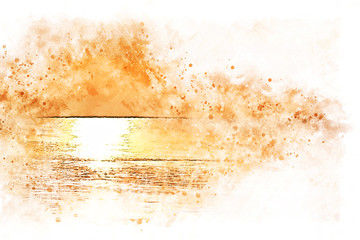 Abstract colorful soft wave water ocean and sunrise on watercolor illustration painting background.