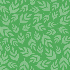 Naklejka na ściany i meble Tossed green leaf seamless pattern. A vector foliage repeat design background.