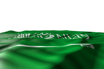 pretty mockup photo of Saudi Arabia flag lay with perspective view isolated on white with space for your text - any occasion flag 3d illustration..