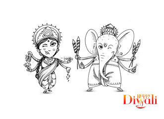 Obraz premium Hindu God Laxmi Ganesh at Diwali Festival, Hand Drawn Sketch Vector illustration.