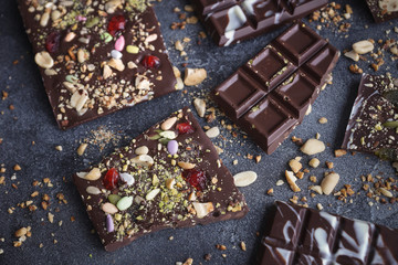 Handmade chocolate with nuts and dried fruits, Chocolatier, Sweet gifts, Valentine's Day, White Day, Howaito day, Closeup, Selective focus