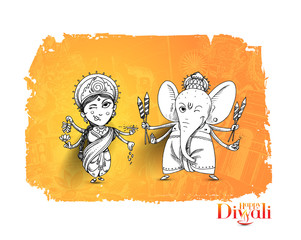 Hindu God Laxmi Ganesh at Diwali Festival, Hand Drawn Sketch Vector illustration.