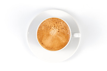 White cup of coffee on white background