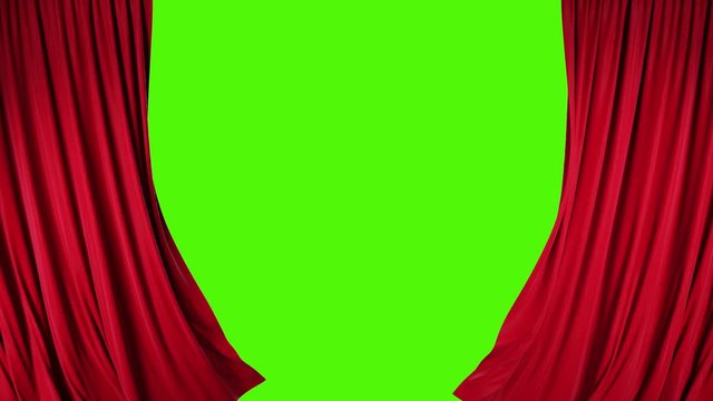 Red velvet theater curtains in motion. Opening and closing curtains with green chroma key.