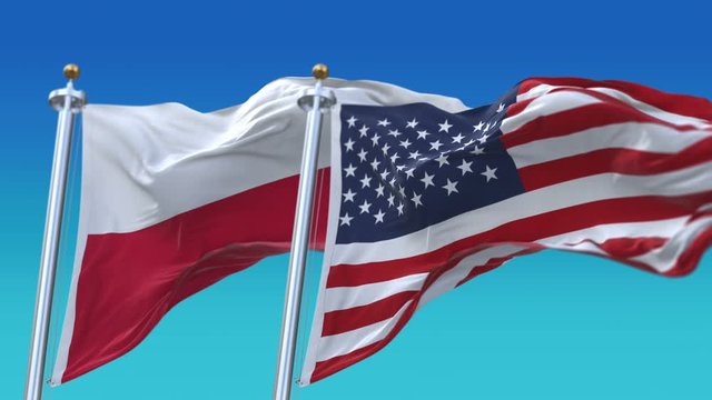 4k Seamless United States of America And Poland Flags with blue sky background,A fully digital rendering,The flag 3D animation loops at 20 seconds,USA US POL PL.