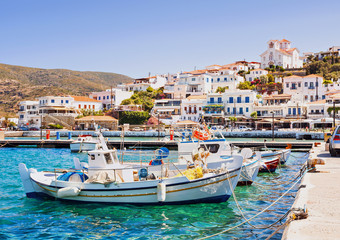 Fototapeta na wymiar Beautiful view of Batsi village, Andros island, Cyclades, Greece