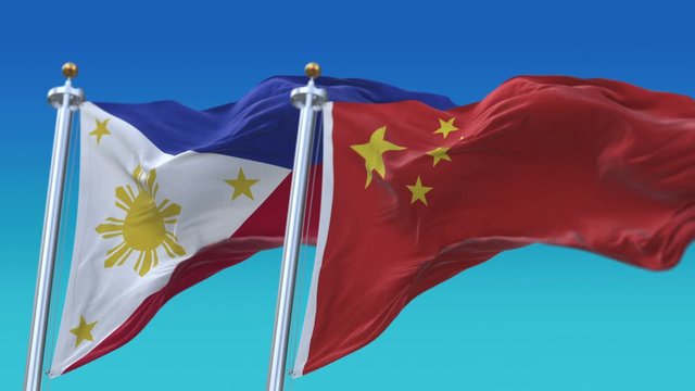 4k Seamless Philippines and China Flags with blue sky background;A fully digital rendering;The animation loops at 20 seconds;PHI PH CHN CN.