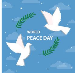 World peace day with white 2 dove vector illustration on blue sky background.