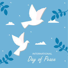 2 White dove carrying olive branch in paper cut style on blue sky background.