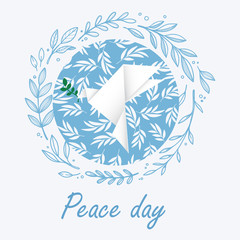 Fototapeta na wymiar World peace day - vector illustration of white origami dove with olive branch on white background.