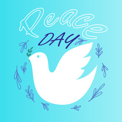 White dove with olive branch, Concept of a social holiday, International Peace Day.