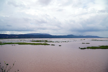 landscape with lake and blue sky