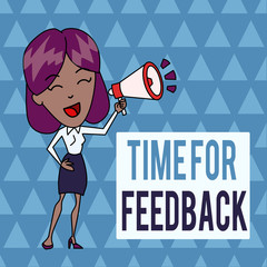 Conceptual hand writing showing Time For Feedback. Concept meaning information about reactions to a product or services Young Woman Speaking in Blowhorn Colored Backgdrop Text Box