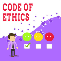 Text sign showing Code Of Ethics. Business photo text basic guide for professional conduct and imposes duties White Male Questionnaire Survey Choice Checklist Satisfaction Green Tick