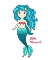 Cute little mermaid with turquoise hair cartoon style vector illustration 