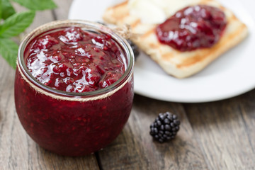 Blackberry jam - marmalade in jar, marmalade and butter on toast 