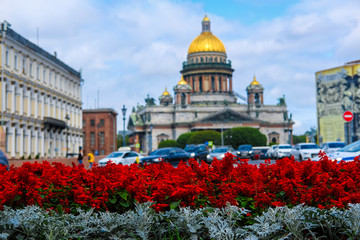 Fototapeta na wymiar Saint Petersburg, Russia - August, 13, 2019: Saint Isaac Cathedral in Saint Petersburg, Russia and flowers on the frontground