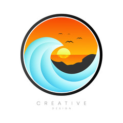 Vector design of ocean waves in a circle with a sunset and beautiful scenery
