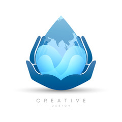 Vector design of a hand logo holding a grain of water with a map of the earth and ocean waves in it
