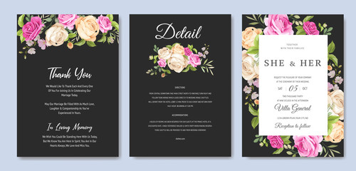 Fototapeta na wymiar wedding invitation card template with beautiful floral and leaves 