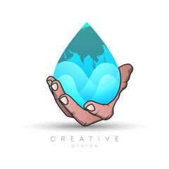 Obraz premium Vector design of a hand logo holding a grain of water with a map of the earth and ocean waves in it