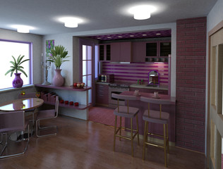 Kitchen and dining interior architectural sample design 3D illustration. Purple and pink surfaces and decorations, lighting, perspective. Collection.