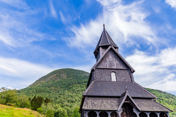 Fototapeta na wymiar Urnes Stave Church in Ornes along Lustrafjorden in Sogn og Fjordane county in Norway.