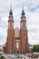 The Gothic cathedral dedicated to the Exaltation of the Cross. The first mention of the church comes from 1024 years. Front view of the main entrance. Opole, Poland, Europe
