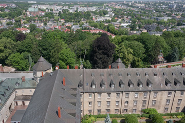 Beautiful view of Częstochowa from the tower of the Jasna Gora monastery. Fragment of monastery buildings.
