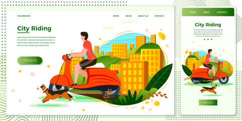 Vector cross platform illustration set - man riding on motorbike with dog. City, trees and hills on green background. Browser and mobile phone template with place for your text.