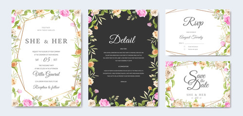 wedding invitation card template with beautiful floral and leaves 