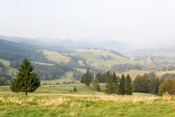 Naklejka premium View from Hill of Valley of White Water in Little Pieniny in early autumn at sunrise, Poland