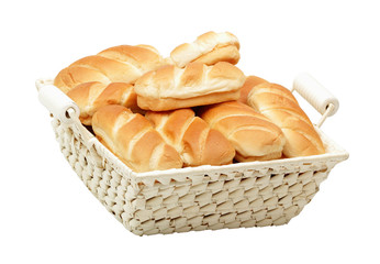 fresh bread in a basket isolated on white
